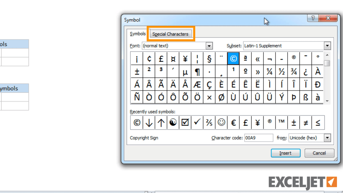 Specific Complement Excel char values for mac