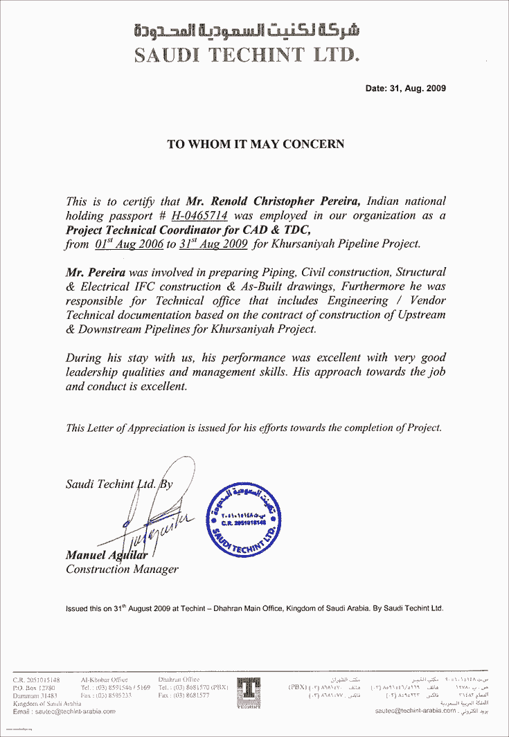 Experience certificate for architect word format