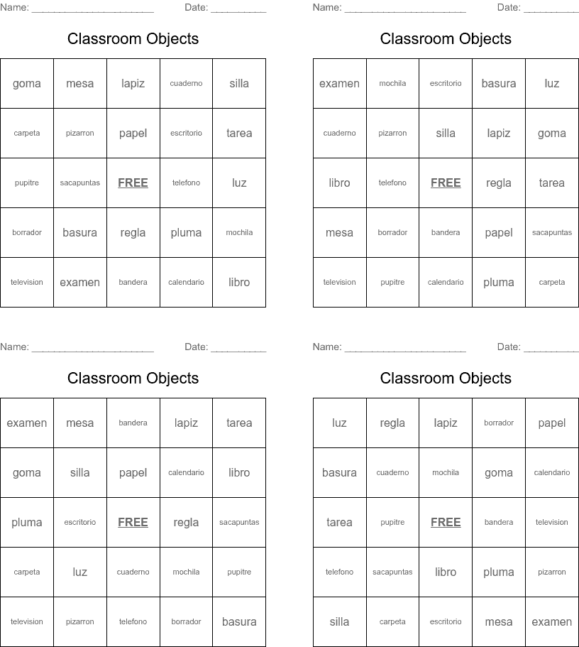 Printable bingo cards classroom objects spanish