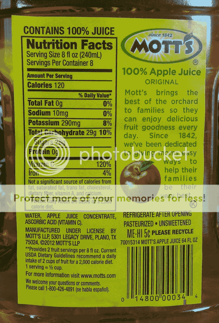 Motts light apple juice nutrition
