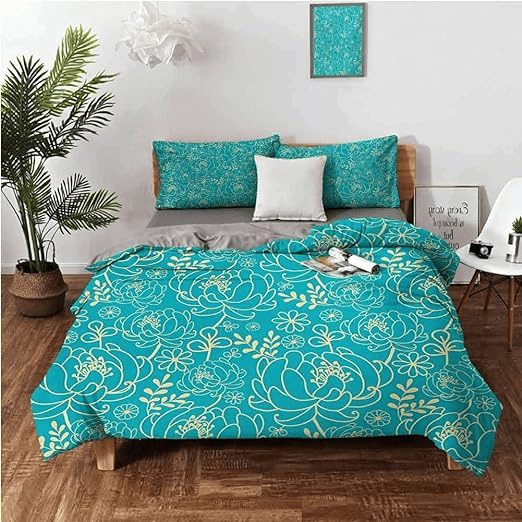 Pale yellow and white and light blue comforter