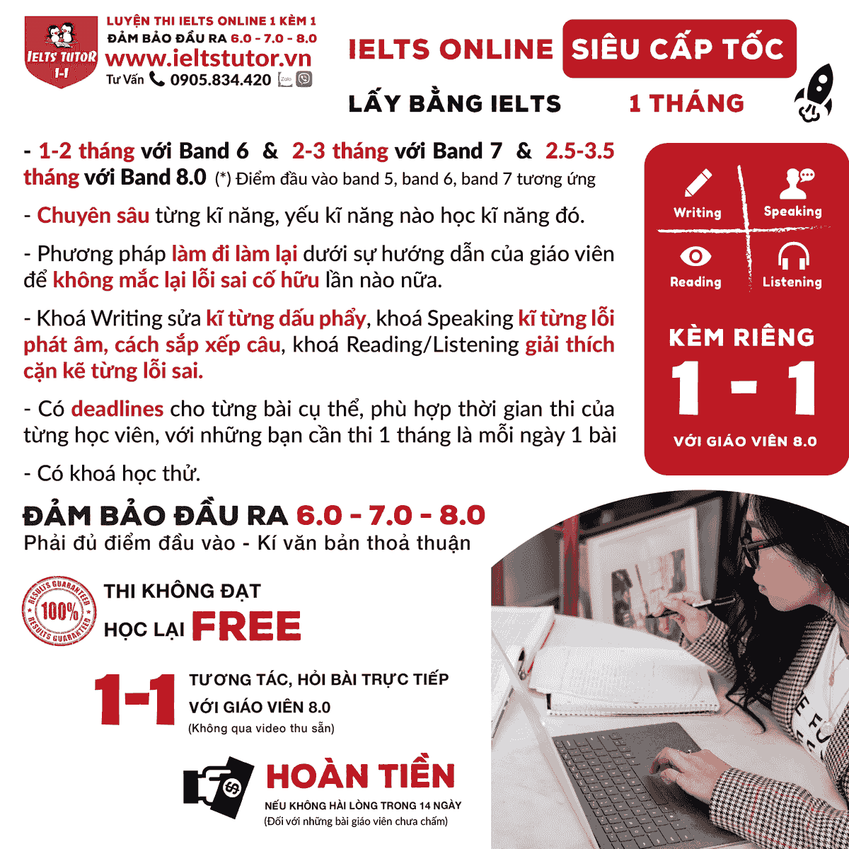 Các khóa học IELTS online 1 kèm 1 - 100% cam kết đạt target 6.0 - 7.0 - 8.0 - Đảm bảo đầu ra - Thi không đạt, học lại FREE