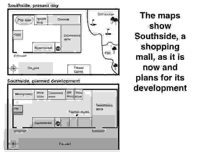18. The maps show Southside, a shopping mall, as it is now and plans for its development   