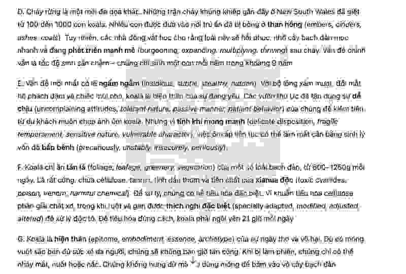 🔥Koalas - Đề thi thật IELTS READING - Làm bài online format computer-based, kèm đáp án, dịch & giải thích từ vựng - cấu trúc ngữ pháp khó 
