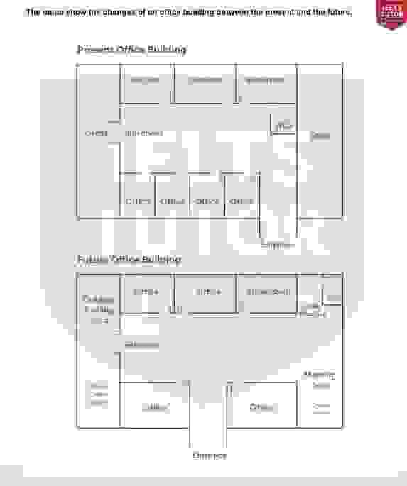 The maps show a present layout of an office building and plans for its future redevelopment 