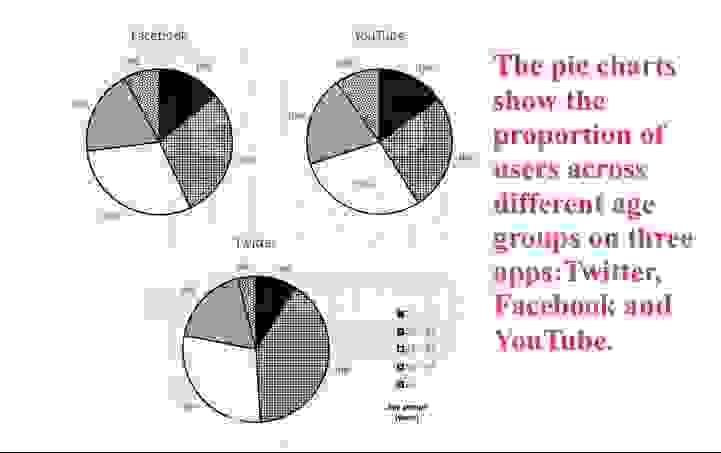 The pie charts show the proportion of users across different age groups on three apps Twitter, Facebook and YouTube