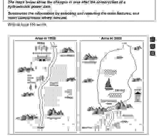 The maps below show the changes in a town after the construction of a hydroelectric power dam  
