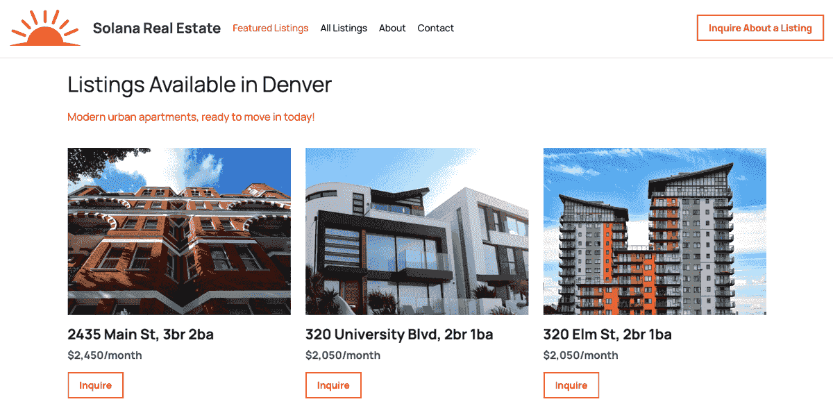 Szablon Solana Real Estate od Strikingly