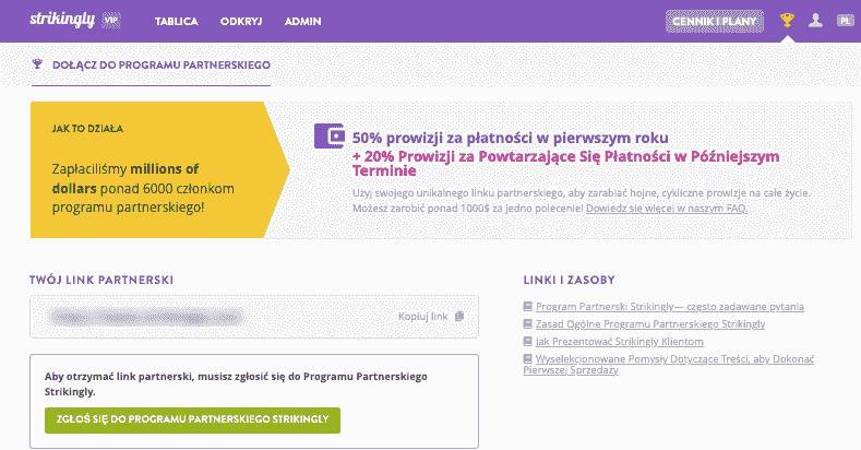 Strona Rejestracji Programu Partnerskiego Strikingly