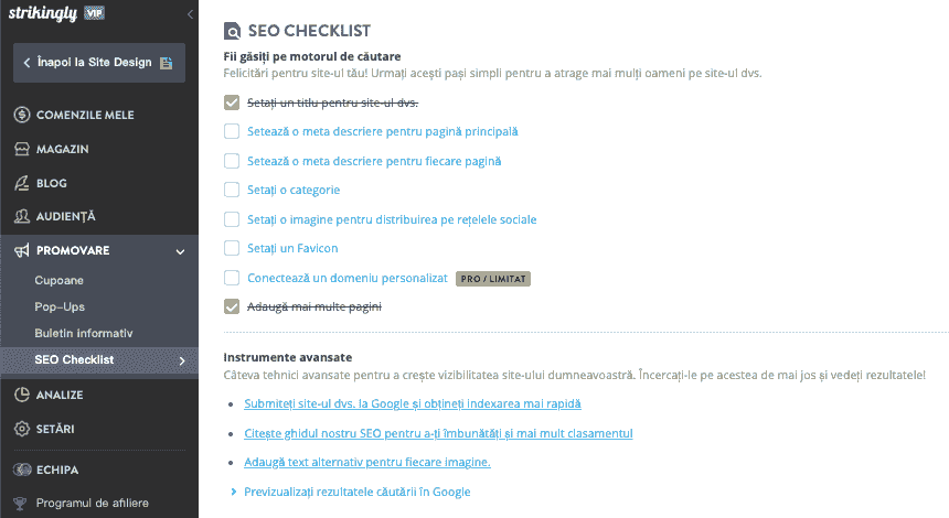 Conștientizarea mărcii - Integrarea instrumentelor SEO Strikingly pentru o vizibilitate îmbunătățită