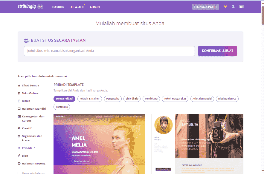 situs web pribadi - Memanfaatkan Strikingly - berbagai situs web pribadi yang telah didesain sebelumnya