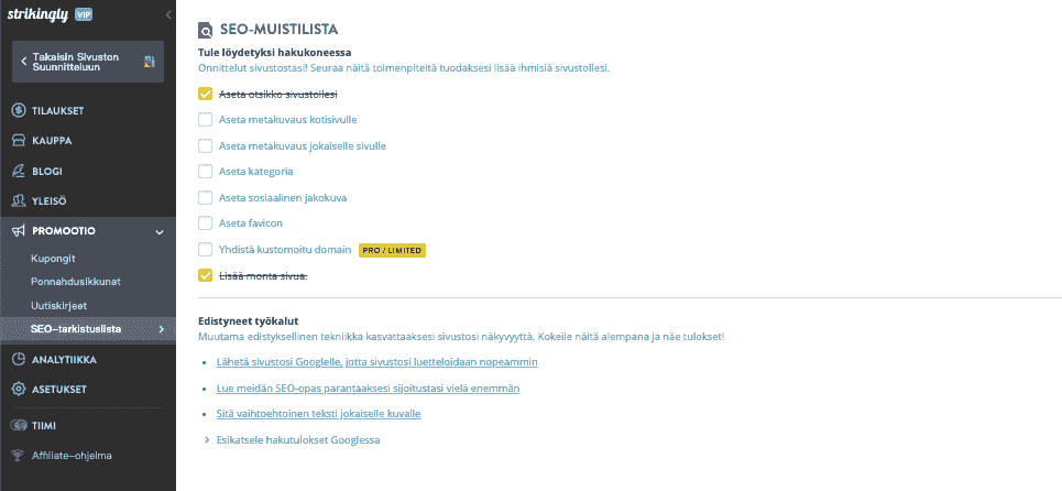 Verkkosivujen suunnittelun inspiraatiota - Rakenna mestariteoksesi Strikinglyn avulla - Strikinglyn sisäänrakennetut SEO-työkalut