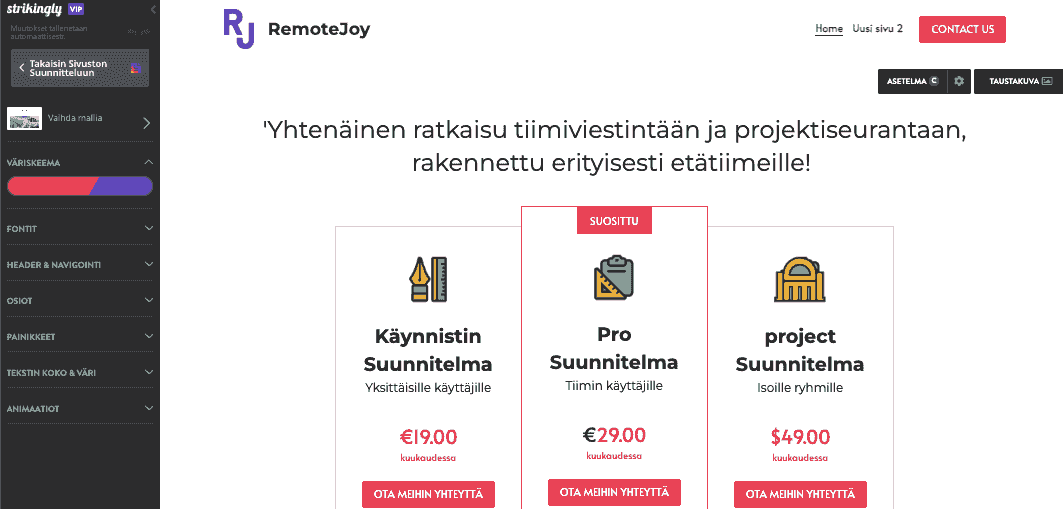 Strikingly Virtuaalikaupan editori 