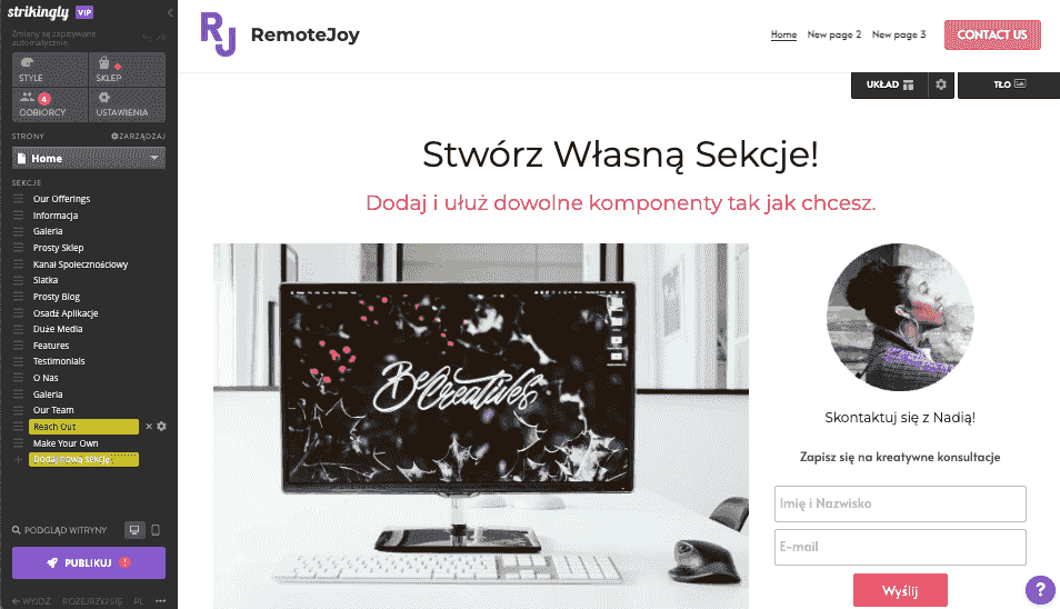 Edytor Strikingly typu „przeciągnij i upuść”