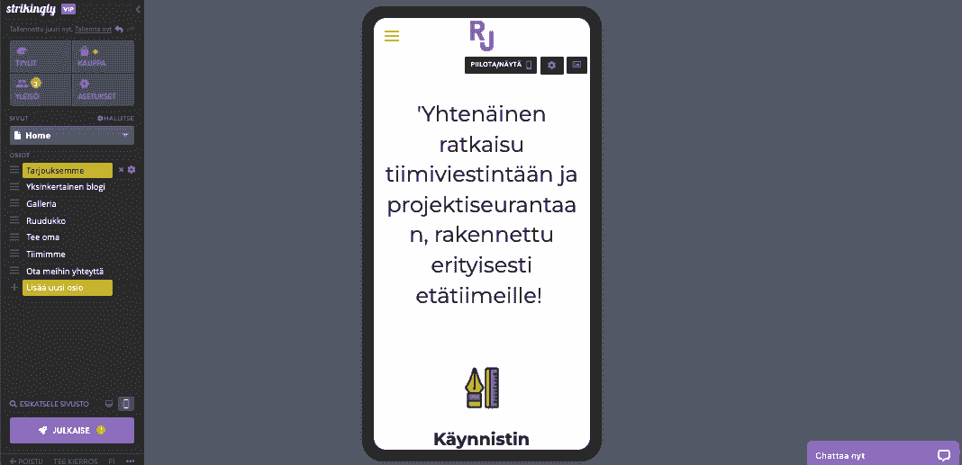 Verkkosivuston julkaiseminen - Verkkosivustosi suunnittelu Strikinglyn avulla - Verkkosivustosi ulkoasun mukauttaminen Strikinglyn avulla - Mobiiliresponsiivisuus