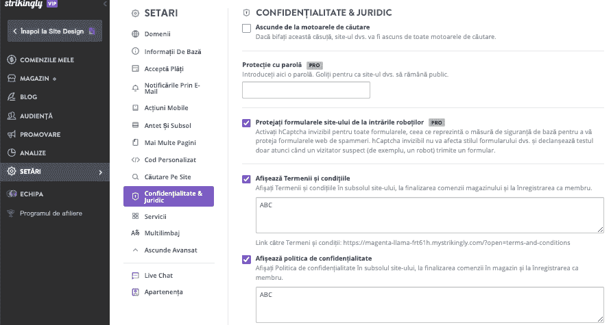 Cum activăm conformitatea cu GDPR pentru ecommerce pe Strikingly - Actualizare a termenilor de serviciu