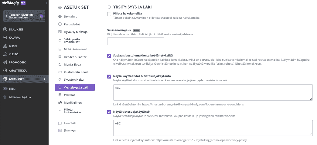 Strikingly-tietosuojakäytännön määrityssivu