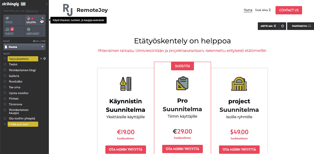 Strikingly-työkalun käyttö tuoteasetusten hallintaan - verkkokaupan asetukset