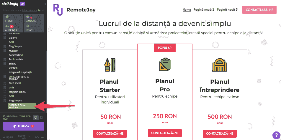 Cum adăugați o declarație de misiune pentru afaceri la Strikingly - alegeți o secțiune
