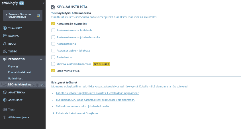 Strikingly SEO -tarkistuslista