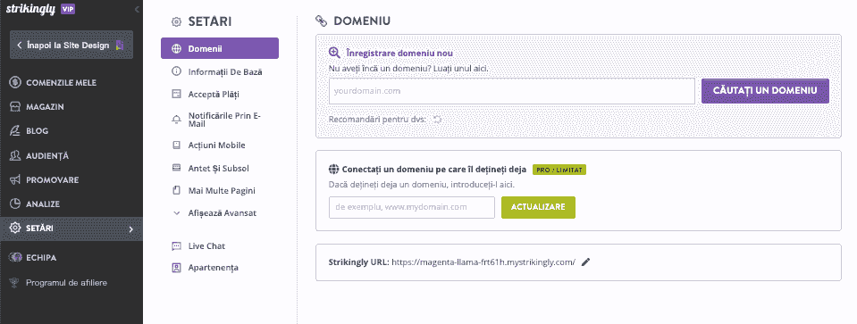 Alegeți un nume de domeniu cu Strikingly - Accesați pagina de înregistrare a domeniului - Setări
