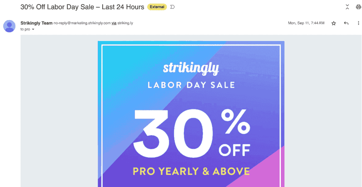 Correo electrónico de oferta del Día del Trabajo de Strikingly