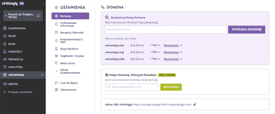 Wybierz nazwę domeny w Strikingly - Wejdź na stronę rejestracji domeny - Ustawienia