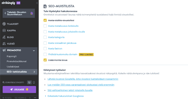 Lomakauden verkkosivustoliikenne Strikingly - SEO:n avulla