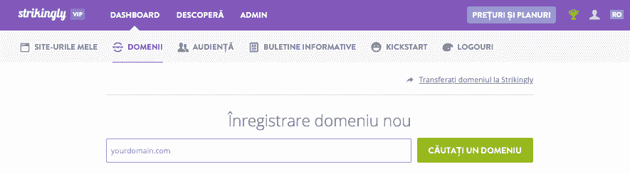 Alegeți un nume de domeniu cu Strikingly - Accesați pagina de înregistrare a domeniului - Tablou de bord