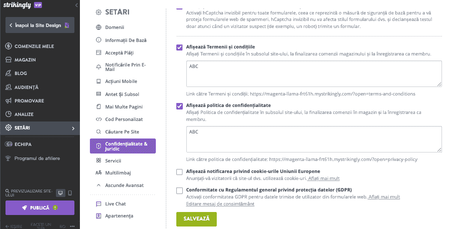 Folosind Strikingly pentru respectarea politicii de confidențialitate - Editați politica de confidențialitate