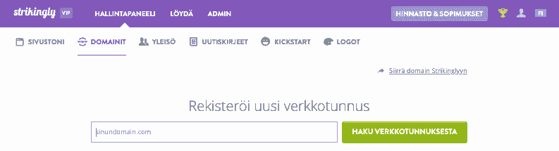 Valitse verkkotunnus Strikingly-sovelluksella - Siirry verkkotunnuksen rekisteröintisivulle - Asetukset