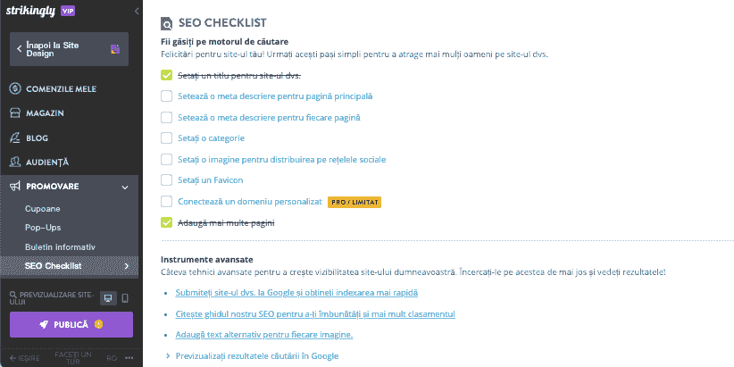 Pași esențiali pentru antreprenoriat - Utilizarea funcțiilor Strikingly E-commerceUtilizarea instrumentelor Strikingly SEO