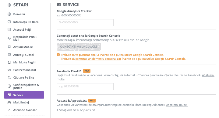 Pagina de configurare a pixelului Facebook Strikingly
