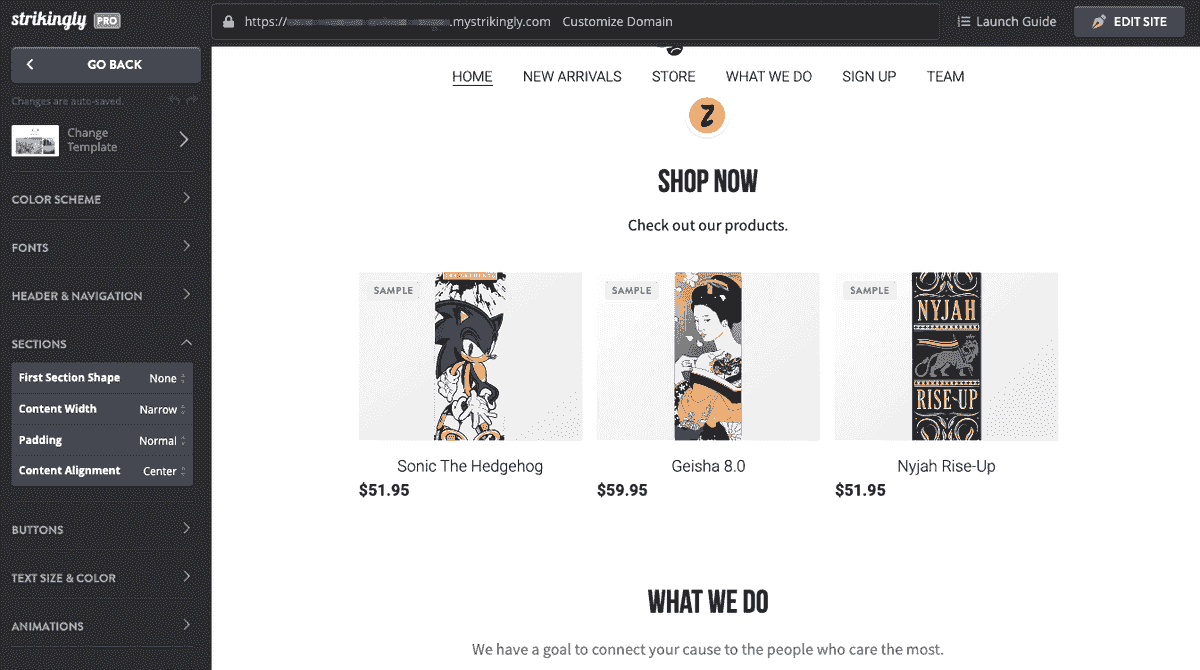 Strikingly Virtual Store Editor