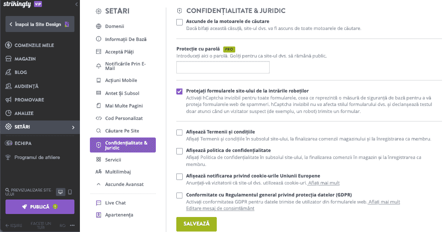 Utilizarea izbitoare pentru conformitatea politicii de confidențialitate - Navigați la Setări