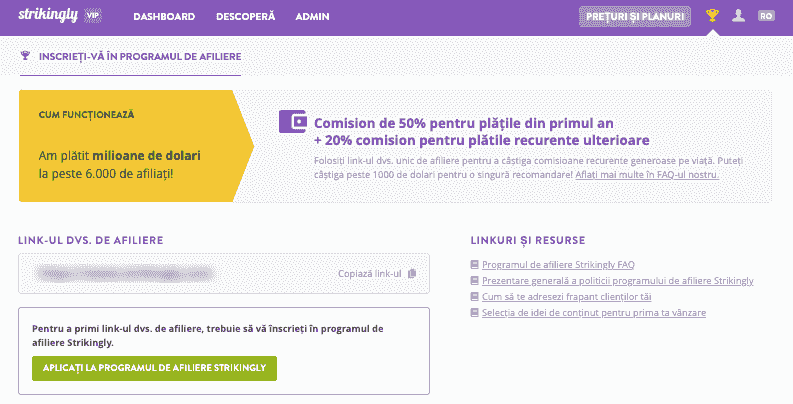 Strikingly program de afiliere pagină de marketing