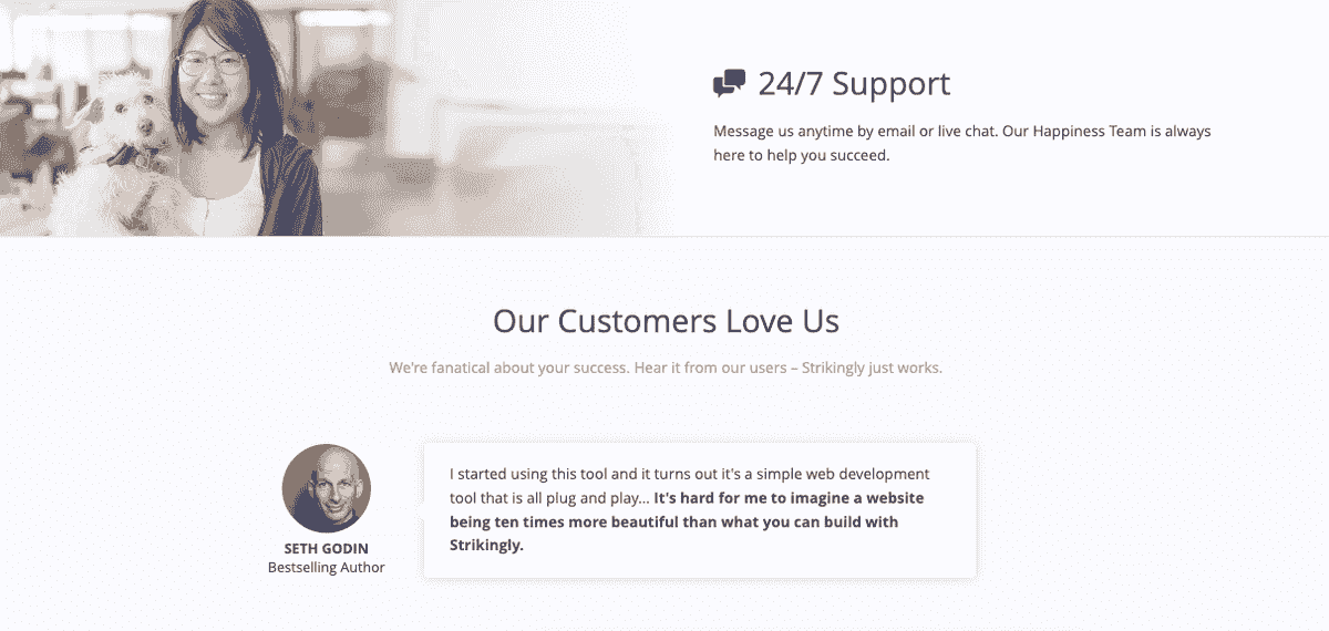Strikingly's Customer Support and Testimonial