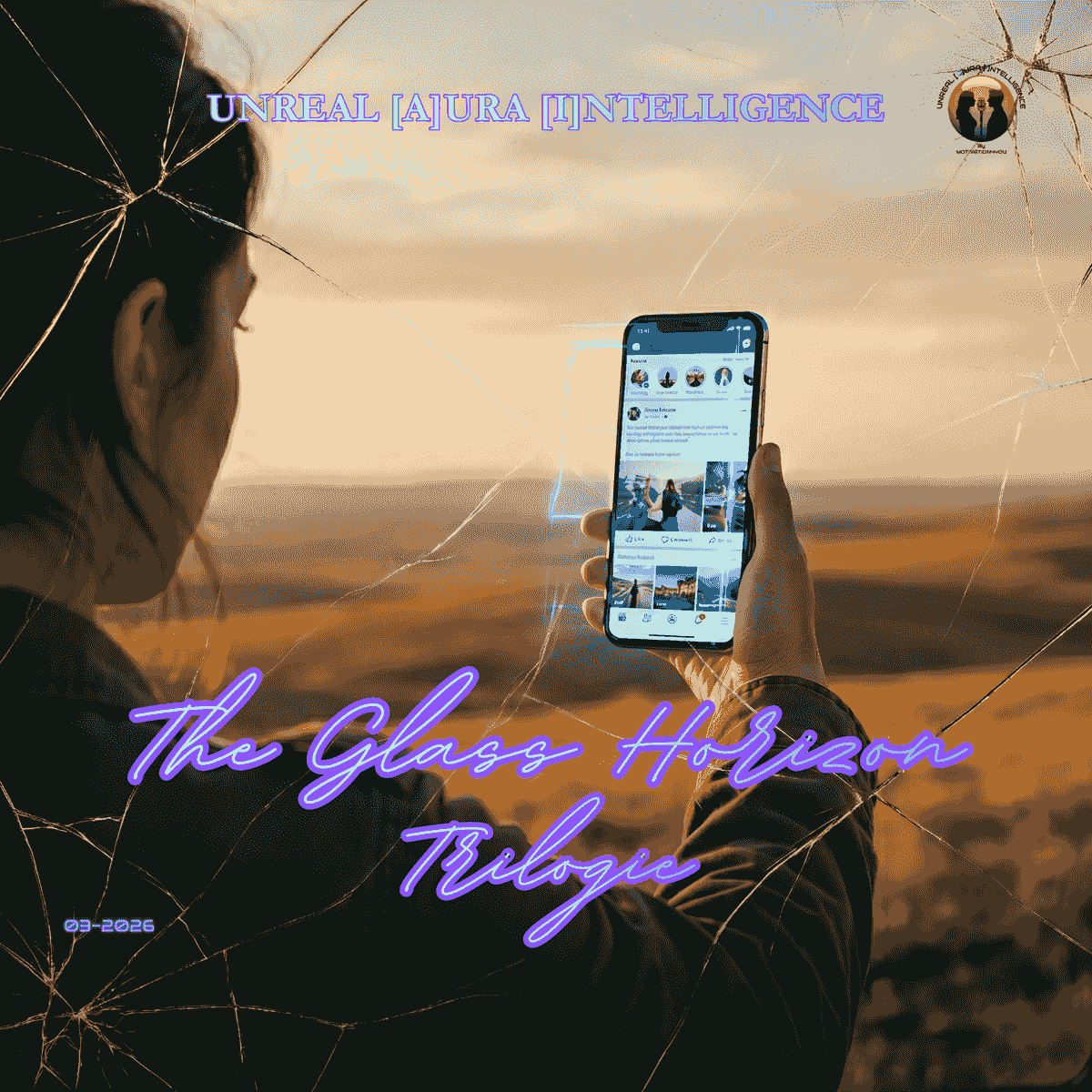 Album cover for The Glass Horizon — a disc format artwork showing a rain-soaked cityscape viewed from above at dusk, fractured by electric blue cracks radiating outward like a shattered screen Album cover for The Glass Horizon — a disc format artwork showing a rain-soaked cityscape viewed from above at dusk, fractured by electric blue cracks radiating outward like a shattered screen
