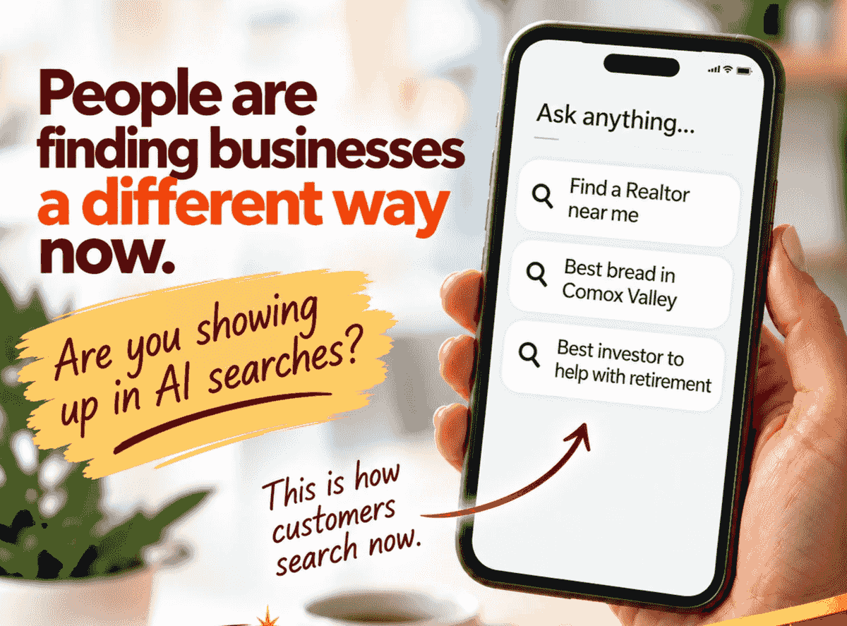 Our tailored strategies ensure that your business stands out in the digital landscape. From local ventures on Vancouver Island to global enterprises, we guide you through the process of making your business AI-friendly, increasing your visibility and growth opportunities. Empowering Your Business Visibility AI VisAability Coach I Vancouver Island I Globally I Helping business owners & entrepreneurs make their business clearly visible to AI agents, driving AI to recommend them to potential customers = more profits. Our tailored strategies ensure that your business stands out in the digital landscape. From local ventures on Vancouver Island to global enterprises, we guide you through the process of making your business AI-friendly, increasing your visibility and growth opportunities. Empowering Your Business Visibility AI VisAability Coach I Vancouver Island I Globally I Helping business owners & entrepreneurs make their business clearly visible to AI agents, driving AI to recommend them to potential customers = more profits.
