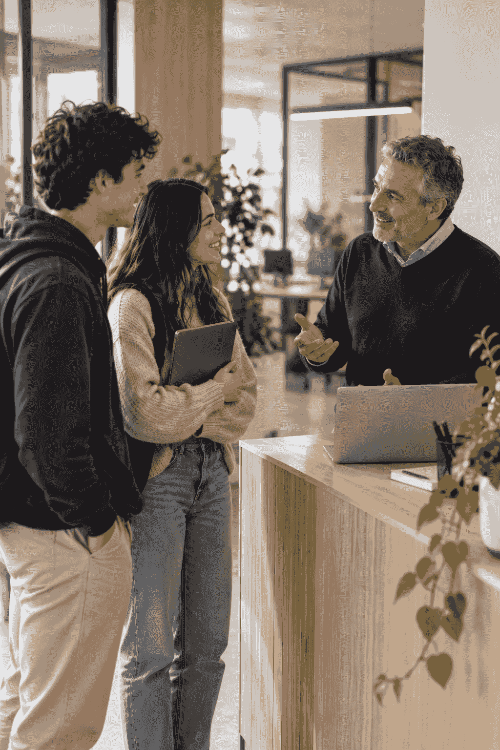 VET students being welcomed by a host company representative during an international mobility placement. VET students being welcomed by a host company representative during an international mobility placement.