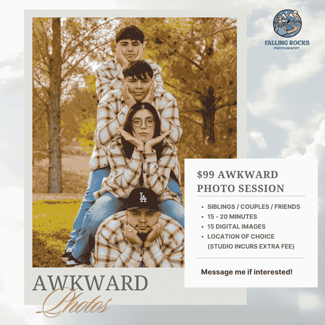 Details about $99 awkward photo sessions with Falling Rocks Photography, offering fun retro-inspired portraits in Las Vegas, Boulder City, and Henderson