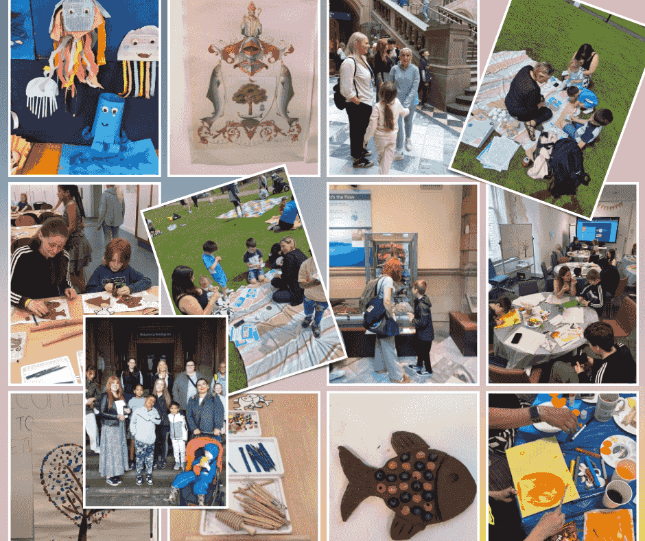 A collage of children and families participating in educational and artistic activities. Kids and adults are seen painting, crafting fish-themed artwork, exploring museum exhibits, and sitting together on picnic blankets in a park. Group photos and indoor classroom sessions reflect a community atmosphere. The crafts include jellyfish models, painted canvases, and clay art. There are also scenes of museum visits, interactive learning, and a welcoming sign with a tree made of colorful thumbprints.