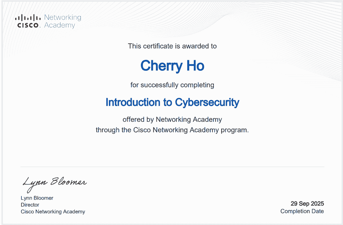 Ho Lai Tan Cherry, Cherry Ho, Introduction to Cybersecurity, 94779996 Ho Lai Tan Cherry, Cherry Ho, Introduction to Cybersecurity, 94779996