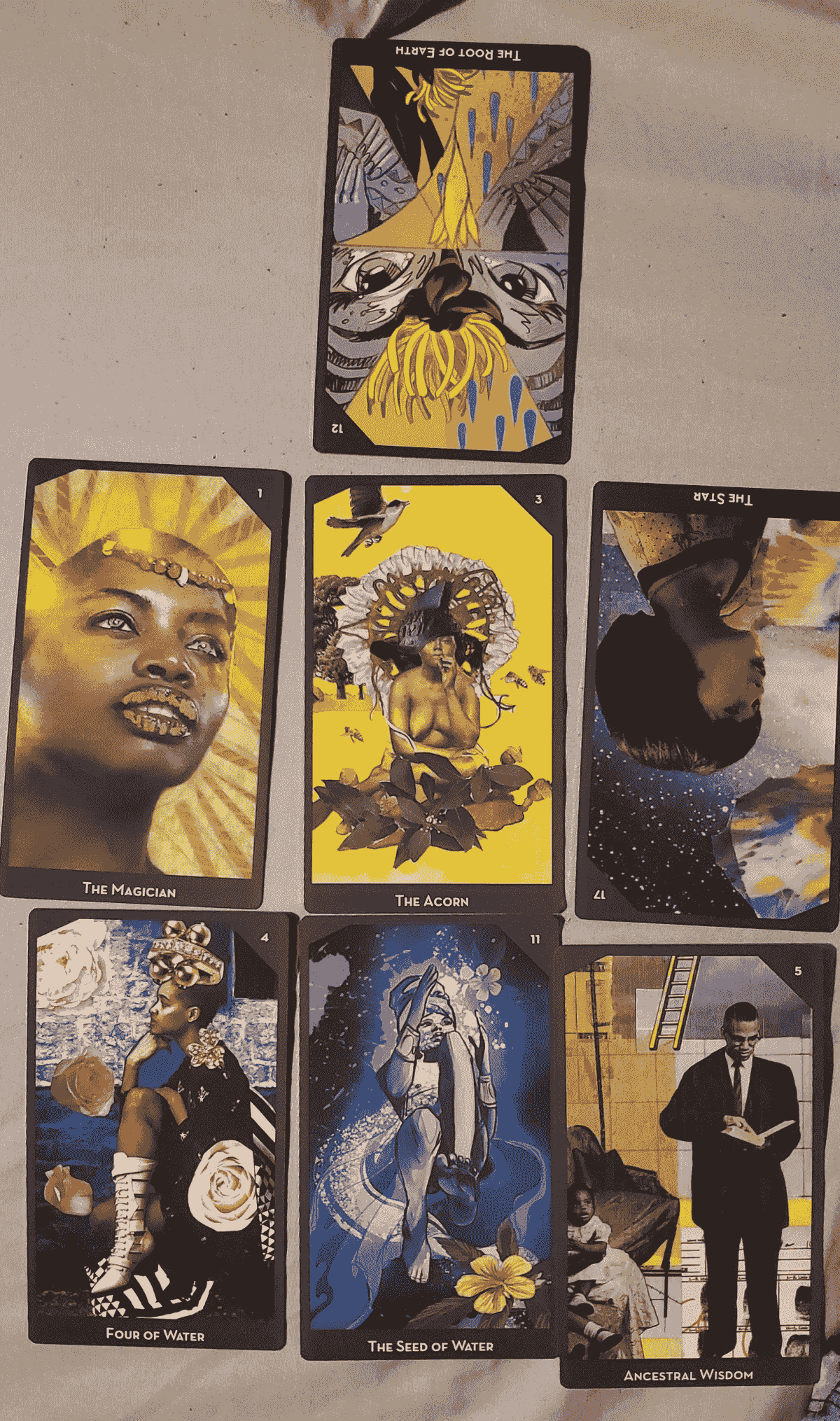 7 tarot cards.  1 on top in the center and then 2 rows of three