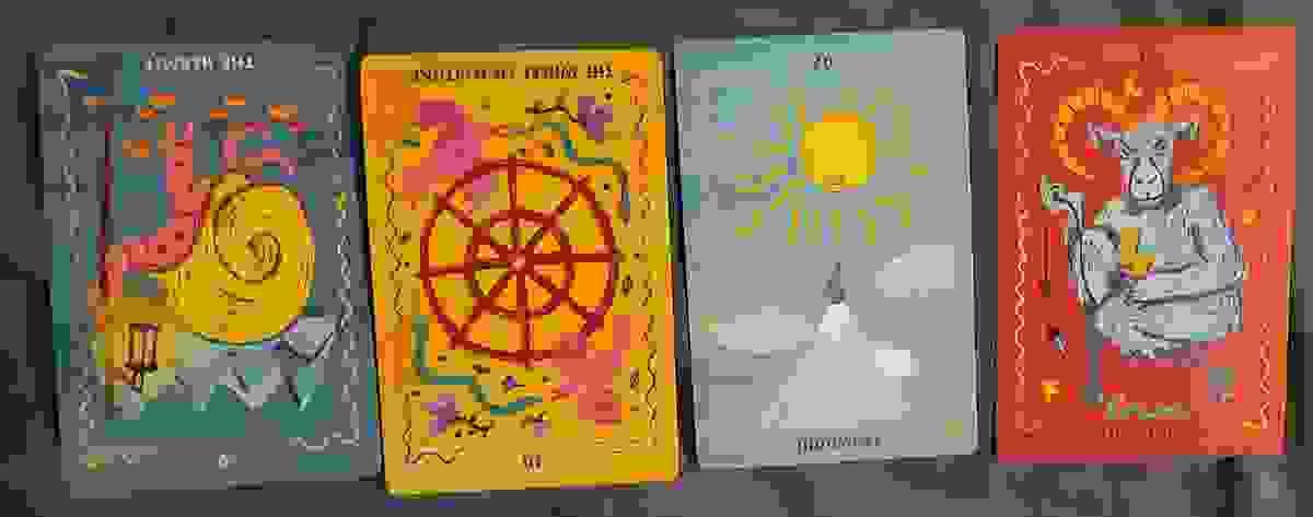 4 Tarot Cards:  The Hermit Card reversed, the Wheel of Fortune reversed, Judgment, The Devil
