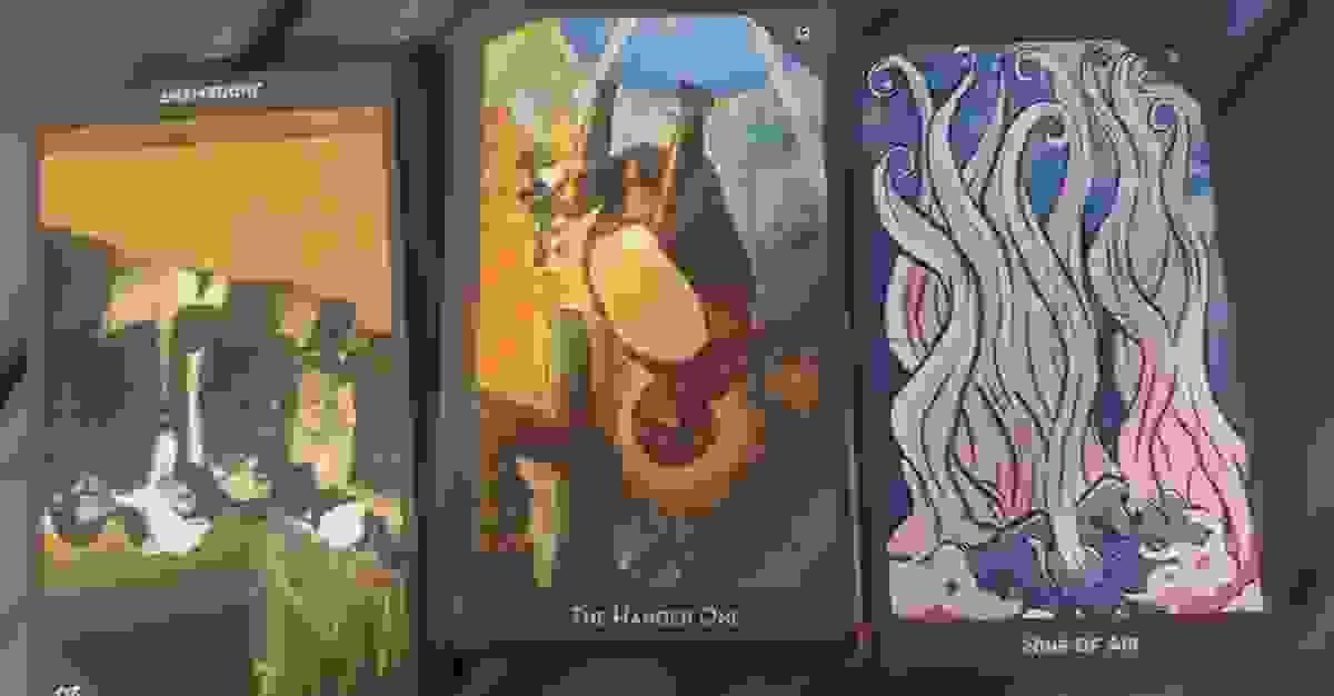 3 Tarot cards:  Judgement reversed, The Hanged One, Nine of Air