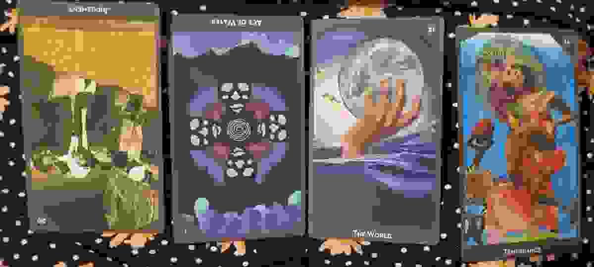 4 Tarot Cards:  Judgement reversed, Ace of Water reversed, The World, Temperance