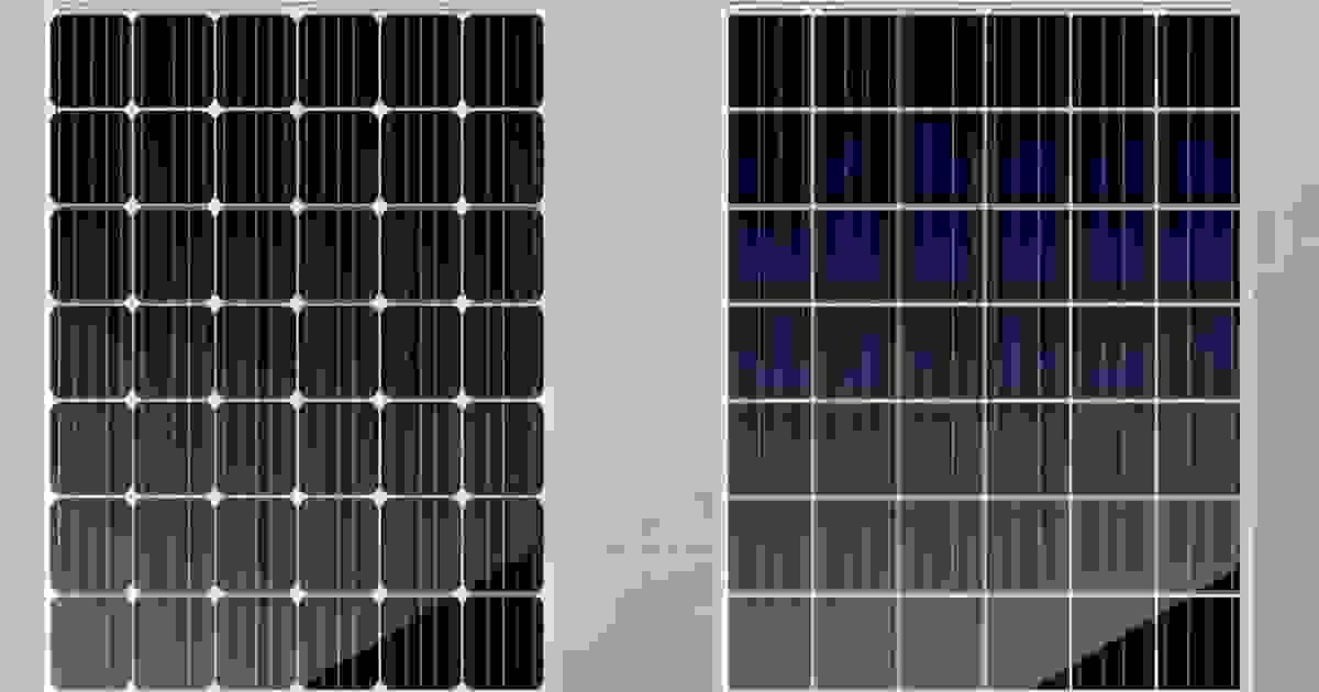 Comparaison visuelle des panneaux solaires : module monocristallin noir (gauche) et module polycristallin bleu (droite)