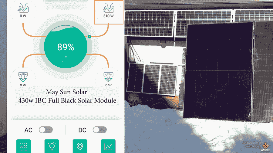 Anzeige des IBC Full Black Solarmoduls mit stabiler Leistung von 310 Watt im Test.