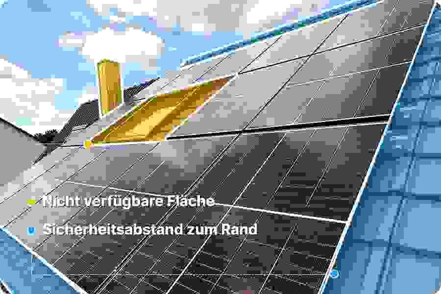 Bewertung der nutzbaren Dachfläche für PV, unter Berücksichtigung von Schornstein, Dachfenstern und Sicherheitsabständen